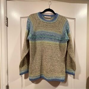 Vintage David Brooks Hand Knit Tan and Blue Striped Women's Sweater Size Large